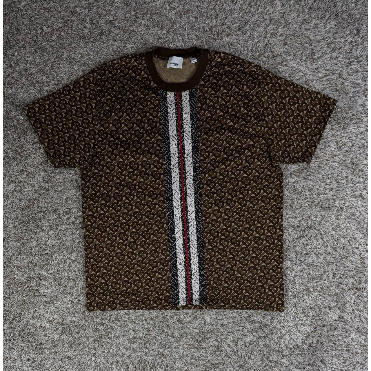Burberry Stripe Monogram Short Sleeve Brown T-Shirt Men's Size Medium